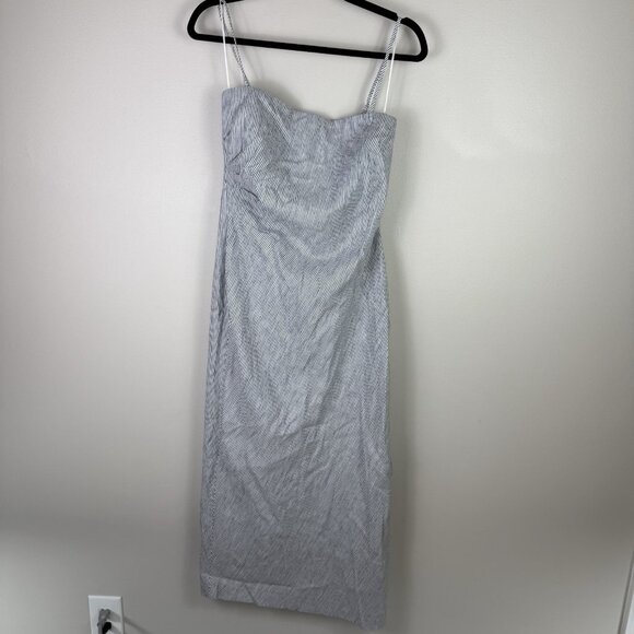 Vince Striped Cotton Linen Midi Dress Size 4 Gray White Summer Casual - Picture 2 of 9